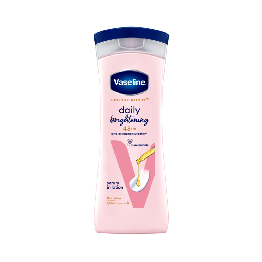 Vaseline Healthy Bright Daily Brightening Lotion 200ml bottle with pink label and cap, suitable for nourishing skin.
